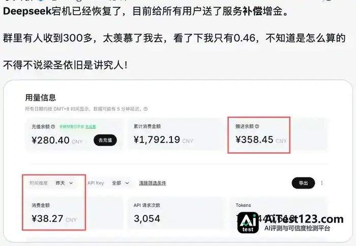 DeepSeek宕机5小时补偿到账:有人拿3000元,有人只拿200多(配图 4)